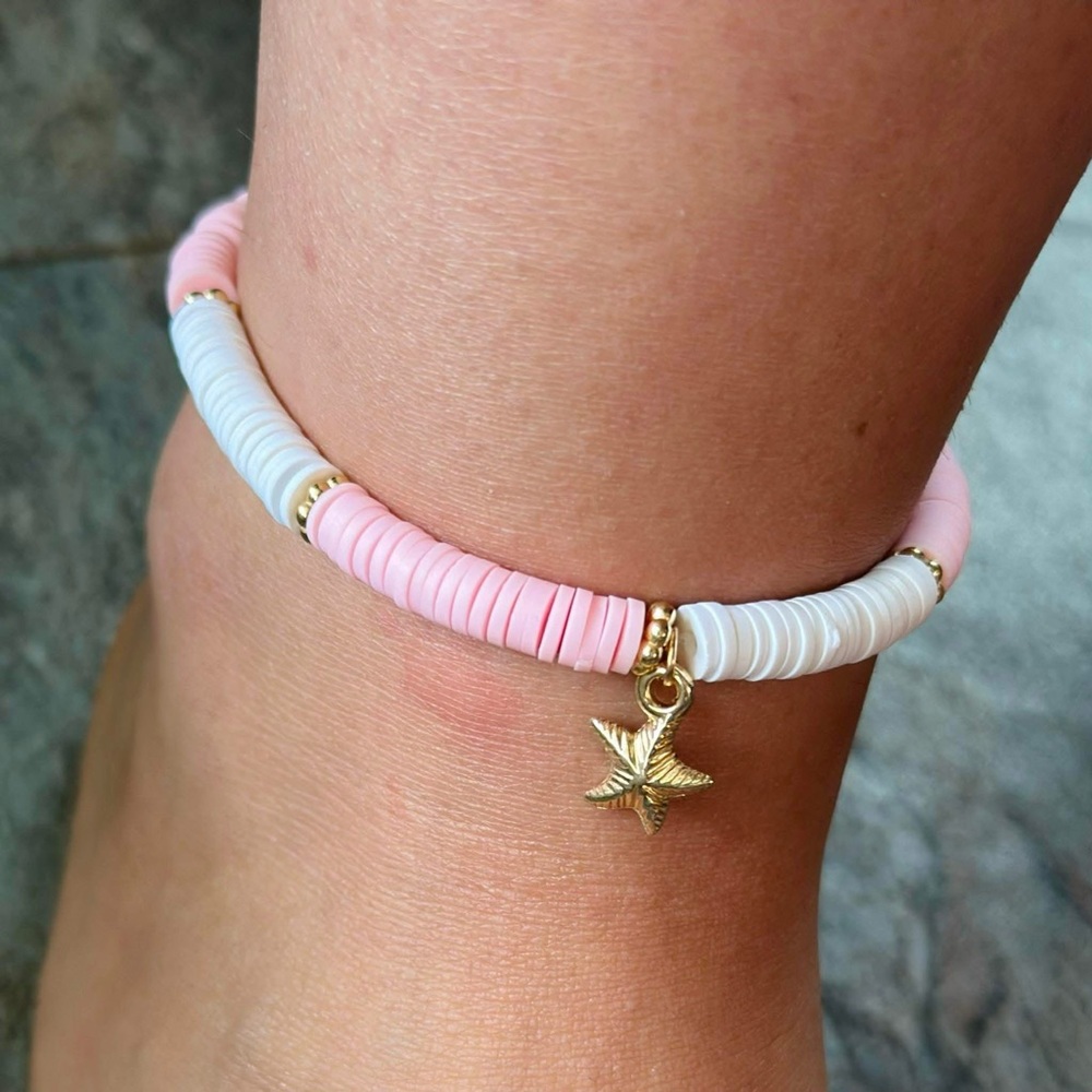 Pink and White Beaded Anklet with Gold Star Charm